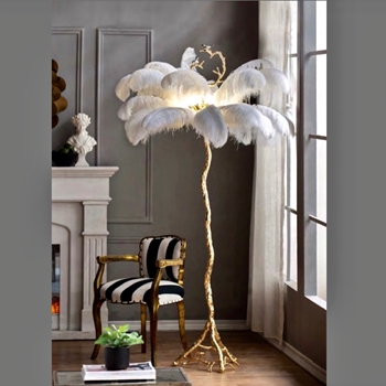 Lamp - Floor Ostrich Plumes White Twig and Bird Column Gold 51W/81H