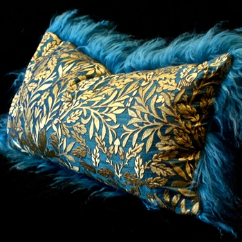 Tibet Fur Teal with Verde Silk Dupioni Oakleaf Gold Reverse Cushion 24W/12H