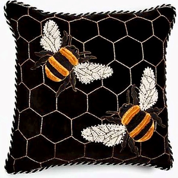 MacKenzie Childs Cushion - Bumble Bee Black Embroidered 16SQ