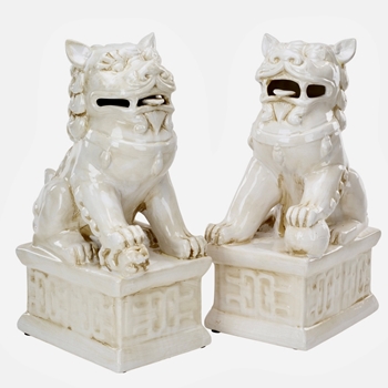 Figure - Fu Dog Set of 2 Glazed White Ceramic 7W/17H