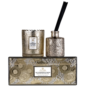 Voluspa - Japonica - Gilt Pomander & Hinoki Diffuser 6.2OZ & 50HR Scallop Glass Candle Gift Box