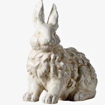 Figure - Rabbit Curly Crouching Antique White Crackle Ceramic 13W/8D/14H