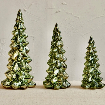 Tree - Glass LED Lit Green & Gold Set of 3 - 5W x 8, 10, 12in