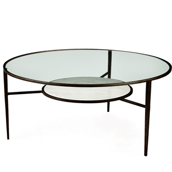 Coffee Table - Felicity  36in x16H Glass, Marble Shelf & Bronze Frame