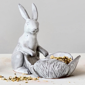 Bowl - Rabbit with Leaf Dish White Ceramic 2pc set 9x6x8in