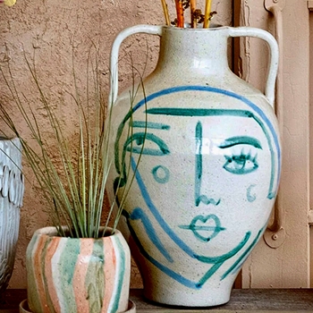 Vase - Abstract Face Handled Urn Turquoise on White 10W/15H
