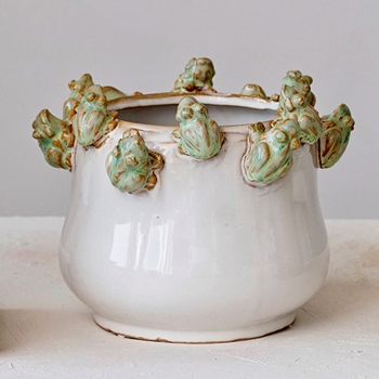 Planter - Frog Rimmed Cachepot 8W/6H Ivory Ceramic