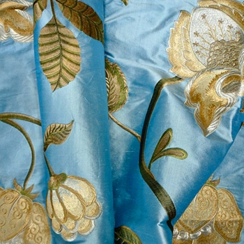 Silk Embroidered - Magnolia Sky Blue Bronze - 100% Silk Shantung, 54in, Repeat 30V x 25H, Dry Clean Only, Do not expose to sunlight. 