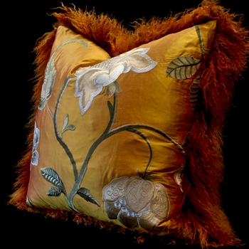 Tibet Fur Rust with Saffron Shantung Silk Magnolia Reverse Cushion 24x24
