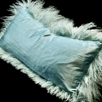 Tibet Fur Ice with Aqua Dupioni Silk Reverse Cushion 24W/12H