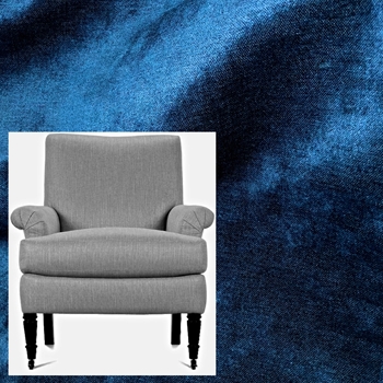 Grayce Armchair Lapis Blue Chenille Velvet 31W/36D/36H. 50% Acrylic, 41% Poly, 9% Rayon 51K DR  Grade CC, Antique Black Turned Legs, Brass Castors