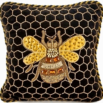 MacKenzie Childs Cushion - Queen Bee Black Gold Embroidered 14SQ