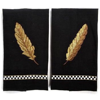 Feather Embroidered Guest Towel Back Gold Linen