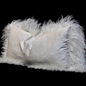 Tibet Fur Ivory with Dupioni Ivory Off White Silk Reverse Cushion 24W/12H