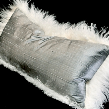 Tibet Fur Ivory with Silver Dupioni Silk Reverse Cushion 24W/12H