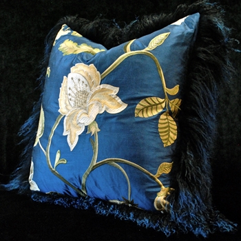 Tibet Fur Azure with Magnolia Lapis Shantung Silk reverse Cushion 24W/24H