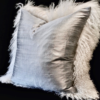 Tibet Fur Ivory with Silver Dupioni Silk Reverse Cushion 24W/24H Euro