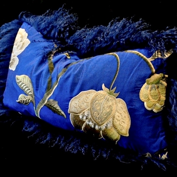 Tibet Fur Lapis with Magnolia Embroidered Cobalt Bronze Silk Reverse Cushion 24W/12H