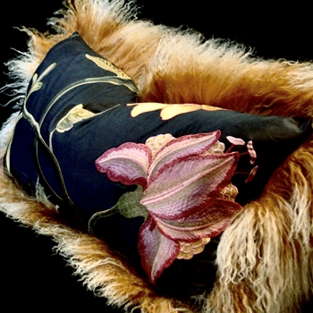 Tibet Fur Honey with Magnolia Peony Embroidered Sable Shantung Silk Reverse Cushion 24W/12H