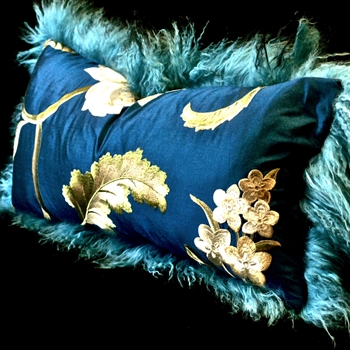Tibet Fur Teal with Lapis Silk Shantung Magnolia Bronze Reverse Cushion 24W/12H