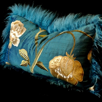 Tibet Fur Teal with Verde Silk Dupioni Magnolia Bronze Reverse Cushion 24W/12H