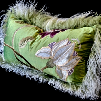 Tibet Fur Kiwi and Peridot Magnolia Silk Shantung Amethyst Cushion 24W/12H