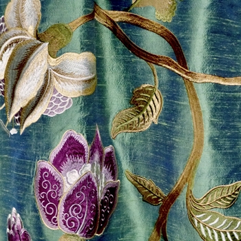Silk Embroidered - Magnolia Sage Amethyst - 100% Silk Dupioni, 54in, Repeat 30V x 25H, Dry Clean Only, Do not expose to sunlight.