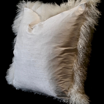 Tibet Fur Ivory with Dupioni Ivory Off White Silk Reverse Cushion 24SQ