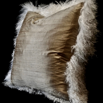 Tibet Fur Ivory with Dupioni Silk Sand Cement Reverse Cushion 24SQ