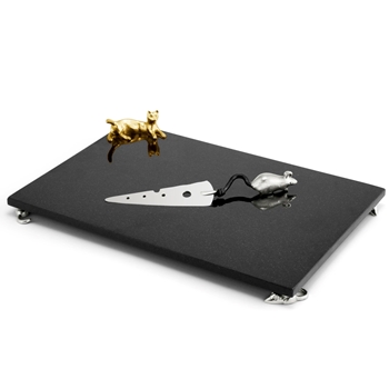 Aram Cat & Mouse Cheese Set W/Knife Black Granite 15W/10D