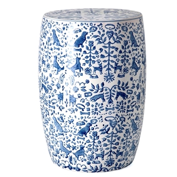 Accent Table - Ceramic Garden Stool Otomi Delft Blue Dogs 13W/18H