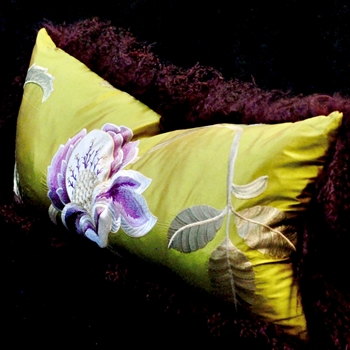 Tibet Fur Purple with Citron Shantung Magnolia Embroidered Amethyst Reverse Silk Cushion 24W/12H