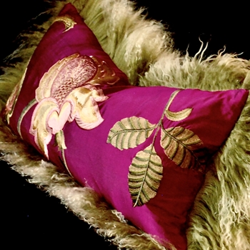 Tibet Fur Olive with Magnolia Embroidered Orchid Peony Shantung Reverse Cushion 24W/12H