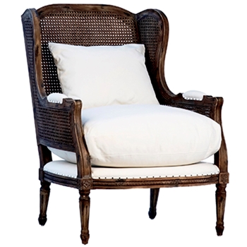 Armchair - Wing - Helena Cane Umber Stain & White Canvas Cushions 28W/34D/39H