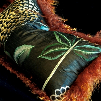 Tibet Fur Rust with Sable Dupioni Silk Chrysanthemum Saffron Reverse Cushion 24x12