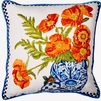 MacKenzie Childs Cushion - Ming Poppies Delft & Orange Embroidered 20SQ