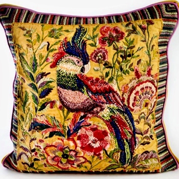 MacKenzie Childs Cushion - Cockatiel Ochre Embroidered 20SQ