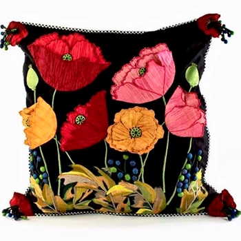 MacKenzie Childs Cushion - Poppies Multi on Black Embroidered 20SQ -