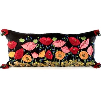 MacKenzie Childs Cushion - Poppies Multi on Black Embroidered 36x15in Lumbar