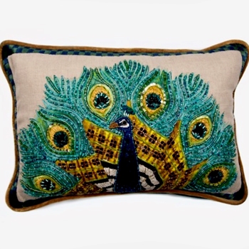 MacKenzie Childs Cushion - Peacock Beaded Lumbar 18x12