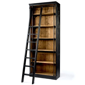 Bookcase - Ivy Patina Black & Honey Pine With Sliding Ladder 39W/17.5D/102H - Recycled Pine & Cast Iron 177LB