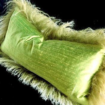 Tibet Fur Olive with Dupioni Peridot Silk Reverse Cushion 24W/12H