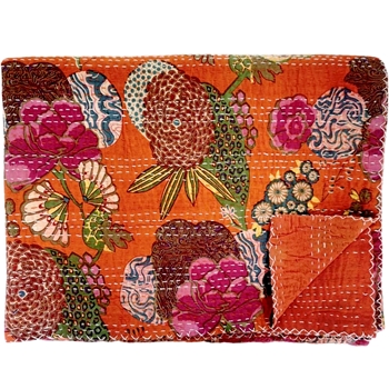 Kantha Blanket Eden Orange 90L/60W - 100% Cotton,  Hand Printed & Sewn - India