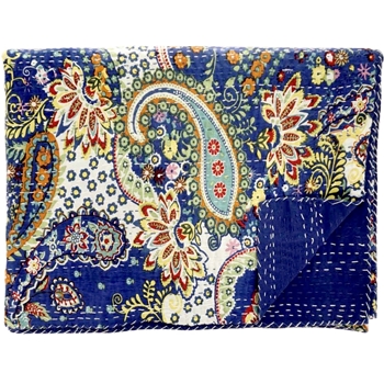 Kantha Blanket Paisley Cobalt 90L/60W - 100% Cotton,  Hand Printed & Sewn - India