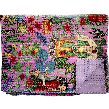 Kantha Blanket Frida Fuchsia 90L/60W - 100% Cotton,  Hand Printed & Sewn - India