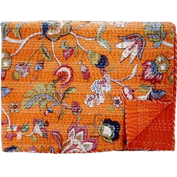 Kantha Blanket Vine Orange 90L/60W - 100% Cotton,  Hand Printed & Sewn - India