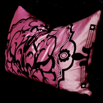 Tibet Fur Black with Pink Silk Shantung Embroidered Garden Gate Toile Reverse Cushion 24W/12H