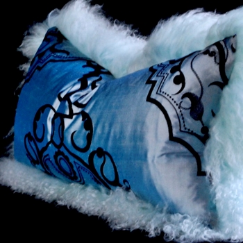 Tibet Fur Ice with Sky Blue Silk Shantung Garden Gate Embroidered Toile Reverse Cushion 24W/12H