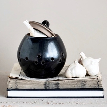 Jar - Garlic Keeper Black Stoneware 6in *