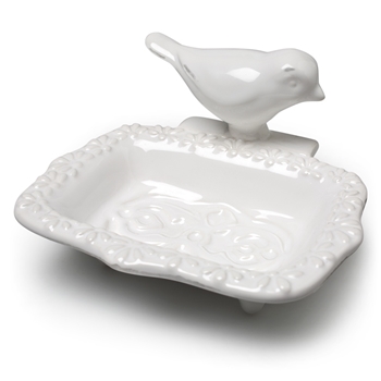 Soap Dish -  Bird- White Ceramic 5in Rectangular